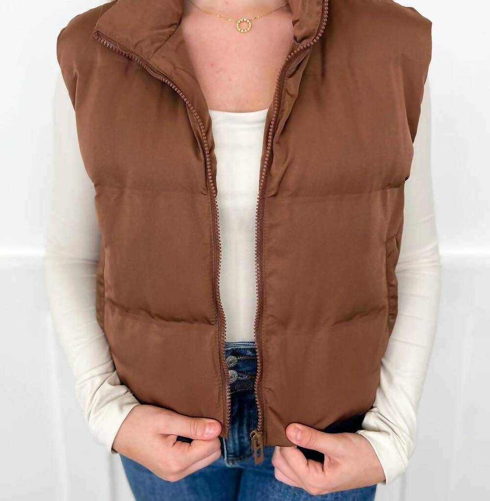 NEW THREAD & SUPPLY living in style cropped puffer vest in brown